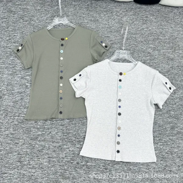 Design Button-Front Ribbed Knit Top Olive Green - 3