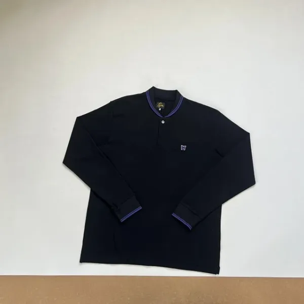 Needles Henley Long Sleeve Black Navy Trim Top - 12