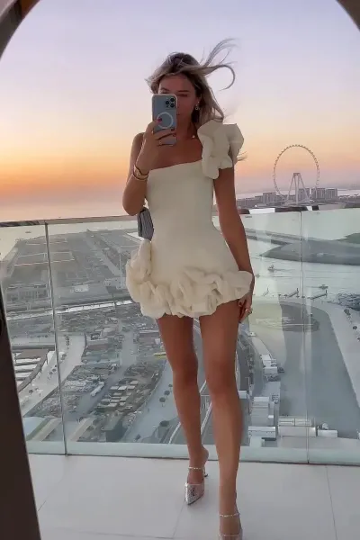 Design Ruffled Strapless Mini Dress in Cream - 6