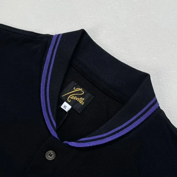 Needles Henley Long Sleeve Black Navy Trim Top - 15