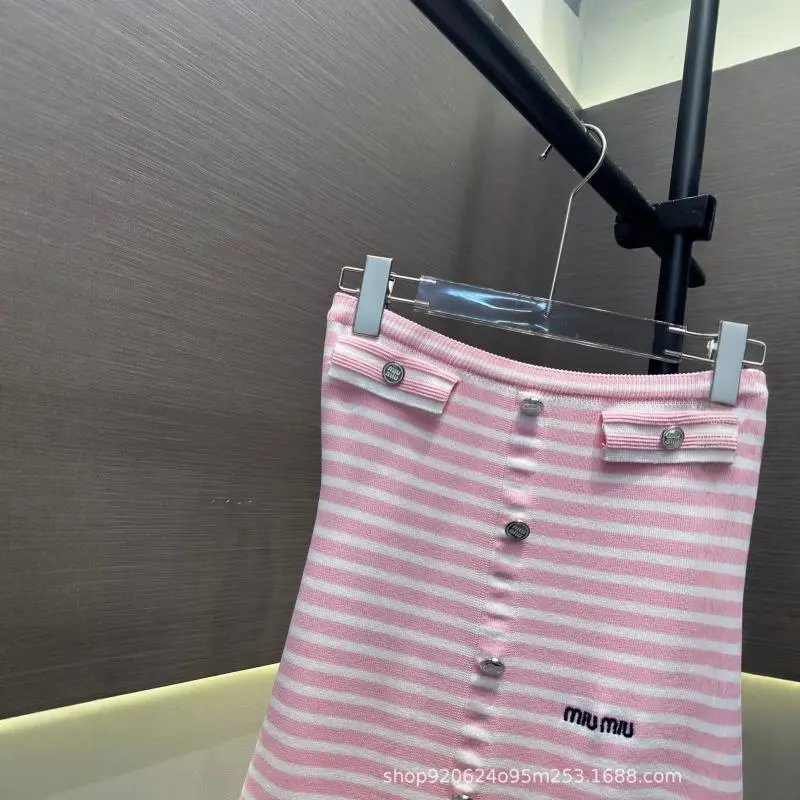 Miu Miu Striped Navy White Knit Button Front Mini Skirt