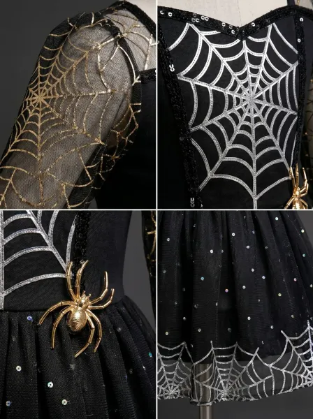 Design Batwing Spiderweb Costume Dress Black Silver Gold Kids Dress - 15