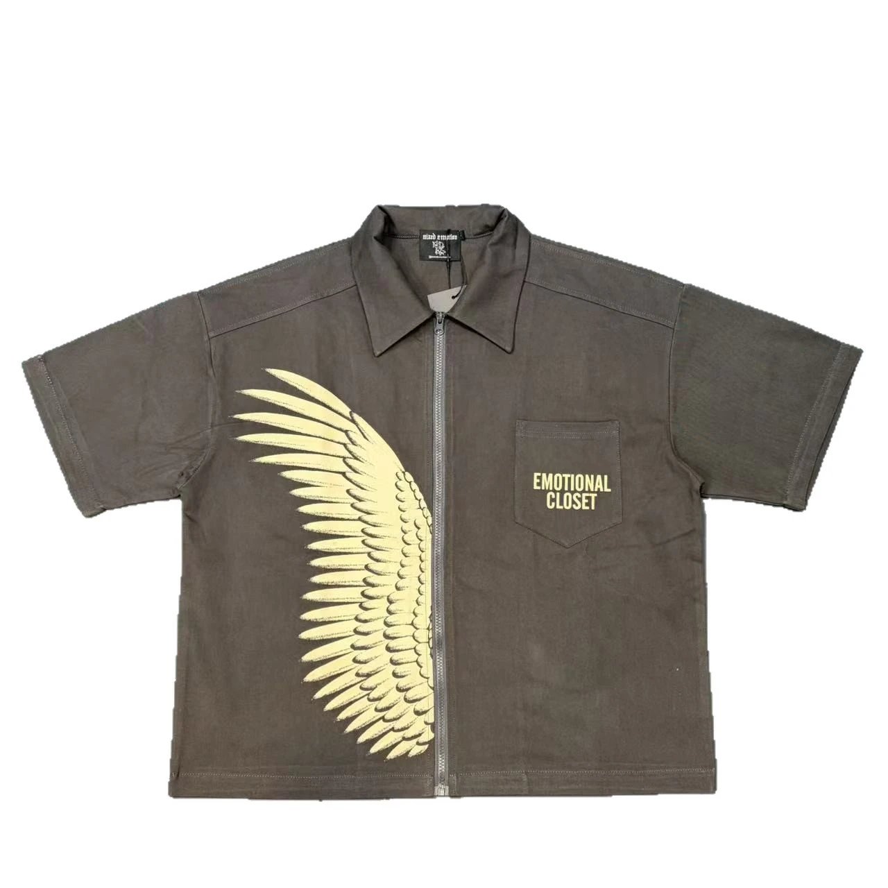 Emotional Closet Wing Print Brown Gray Short Sleeve Shirt And Shorts Set