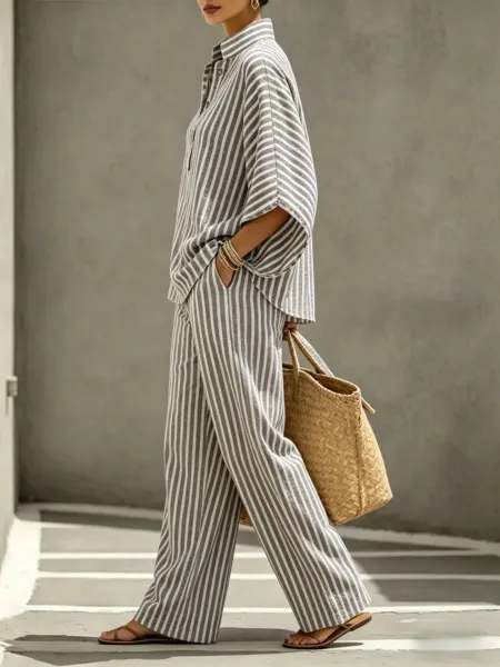 Design Striped Linen-Blend Shirt and Wide-Leg Pants Set Pink and White - 9