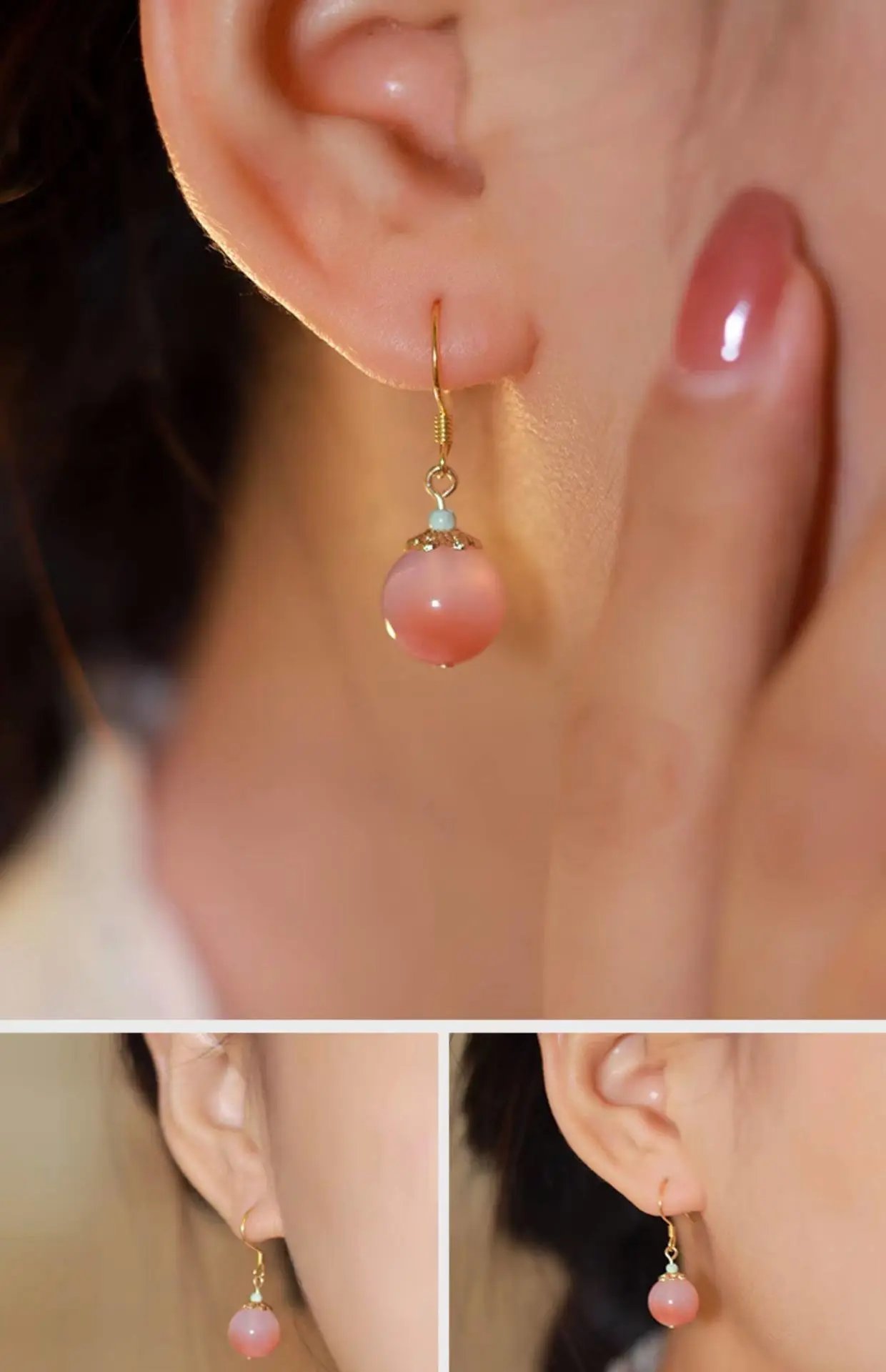 Design Pink Chalcedony Drop Earrings with Gold-Tone Setting Jewelry - 11
