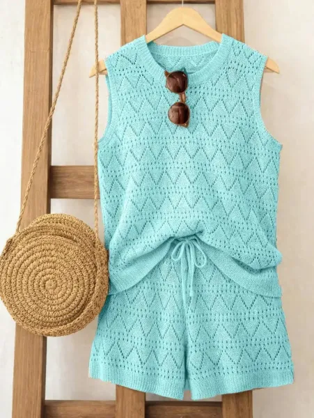 Design Knit Diamond Pattern Aqua Two-Piece Set - 3