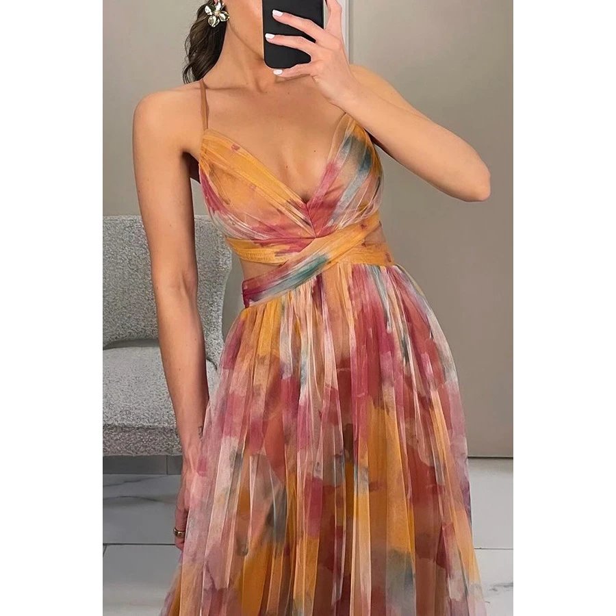 Design Floral Print V-Neck Maxi Dress Yellow Green Multicolor - 7
