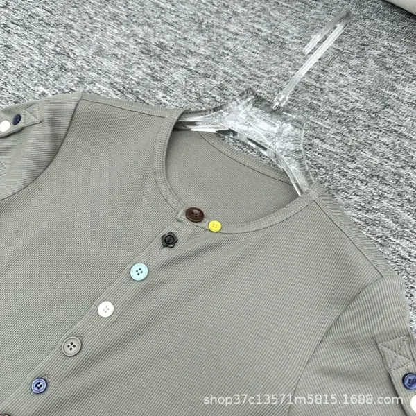Design Button-Front Ribbed Knit Top Olive Green - 10