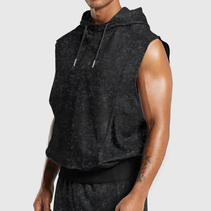 Design Sleeveless Hoodie Navy Acid Wash Vest-Top - 6