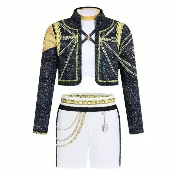 Design Chain-Embellished Cropped Jacket and Shorts Set Black White Gold - 1
