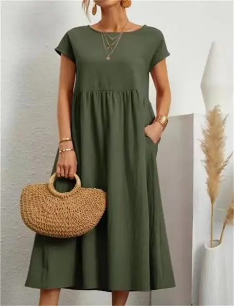 Design Linen Blend Midi Dress in Brown with Pink Trim - 14