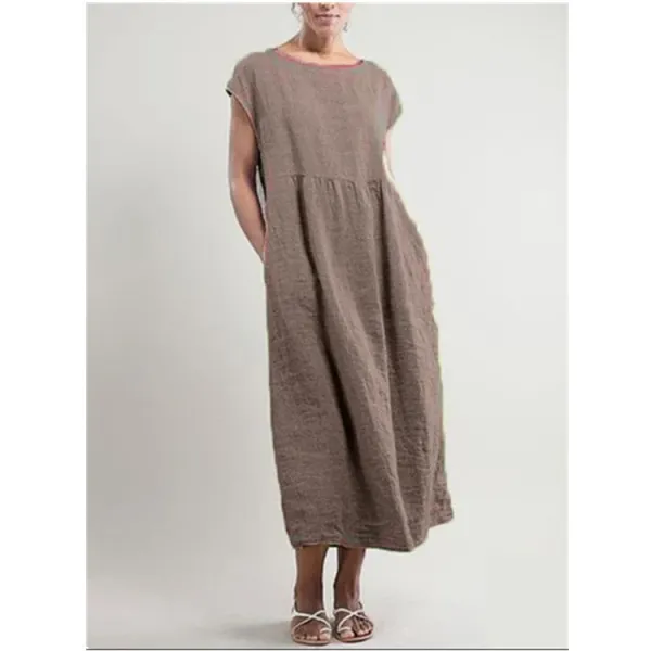 Design Linen Blend Midi Dress in Brown with Pink Trim - 16