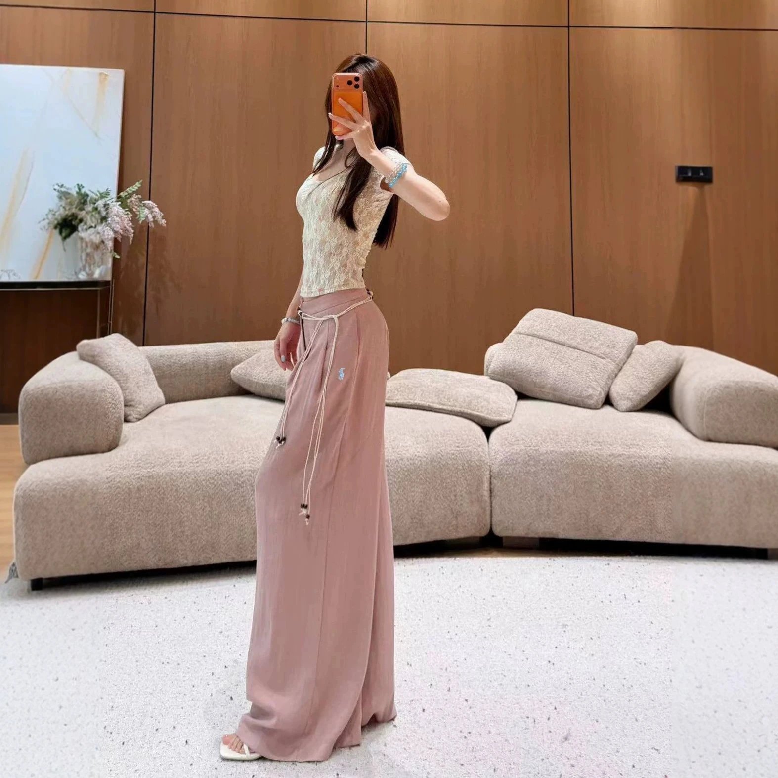 Lace Crop Top Pink Wide Leg Pants Set