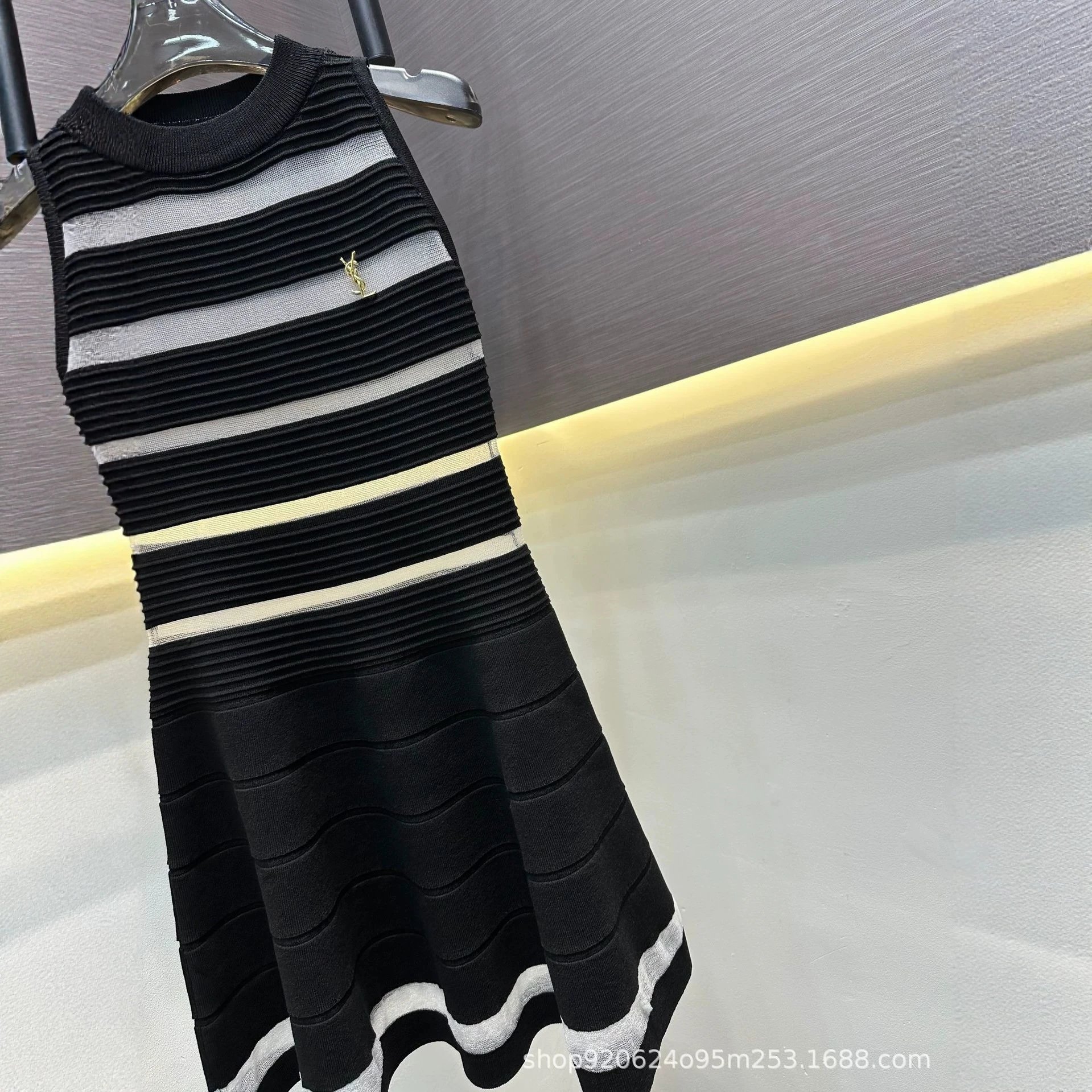 YSL Knit Sleeveless White Striped Sheer Dress