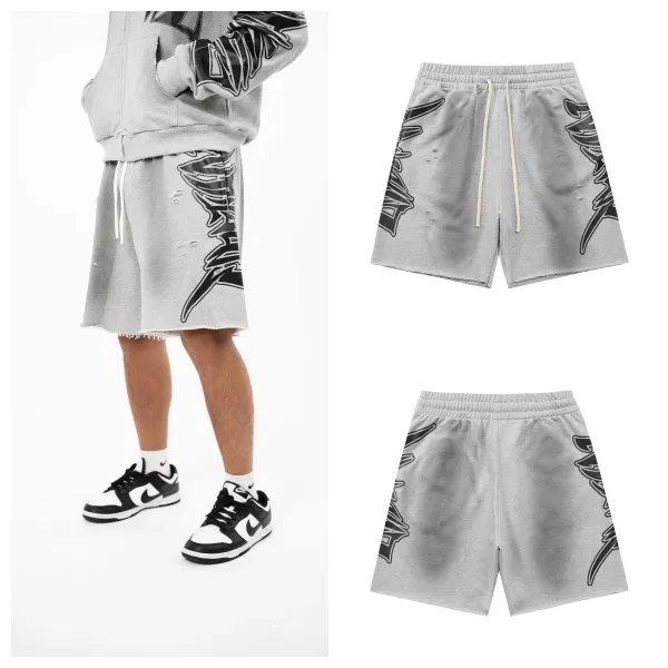 Design Graphic Print Distressed Sweat Shorts Gray - 1