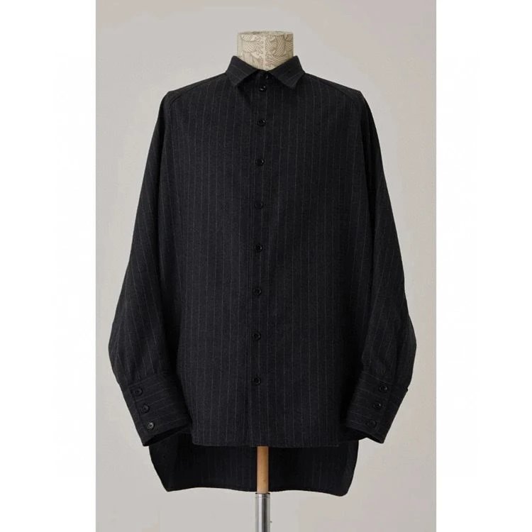 Striped Oversized Shirt Gray Embroidered Back Kimono Style