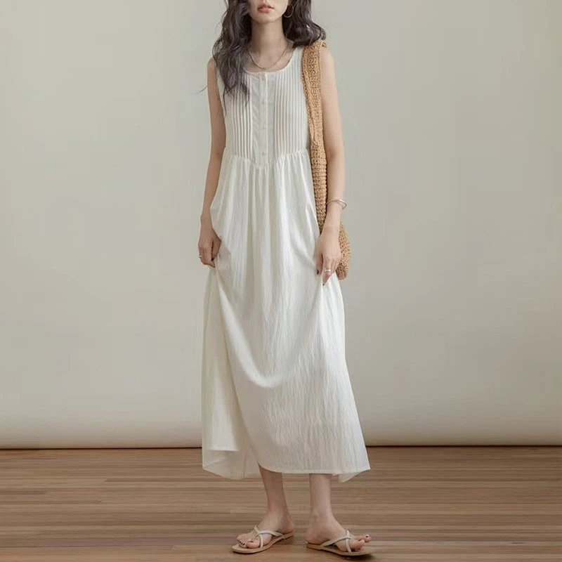 Pleated Sleeveless Maxi Dress White