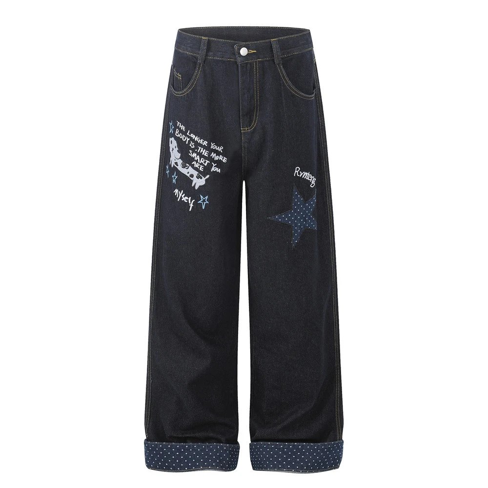 Design Rymeng Star-Print Wide-Leg Denim Jeans Navy Jeans