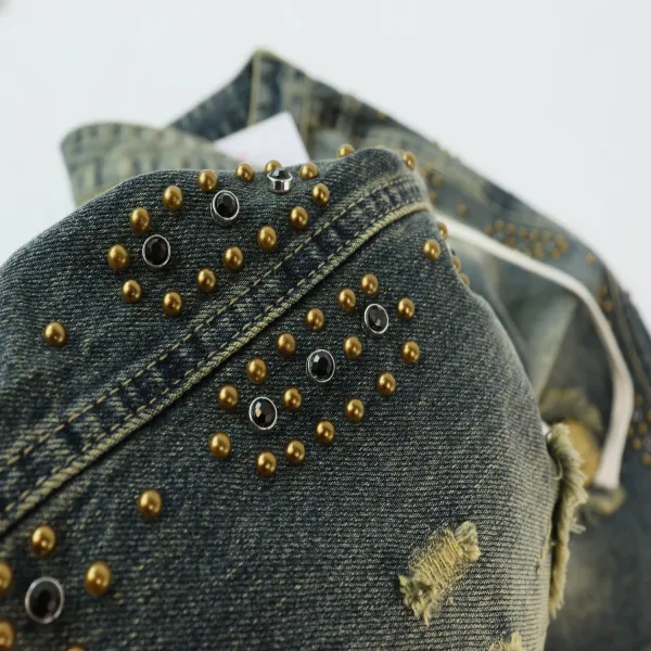 Design 8700 Washed Denim Shorts with Rivets and Camo Hem - 4