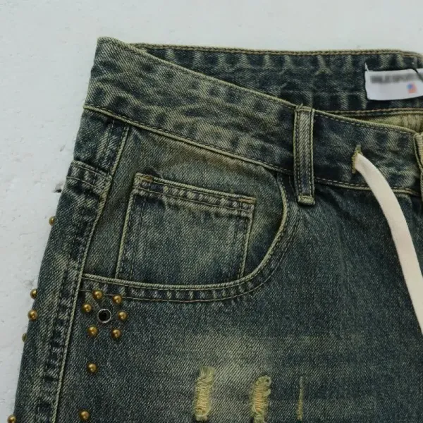 Design 8700 Washed Denim Shorts with Rivets and Camo Hem - 3