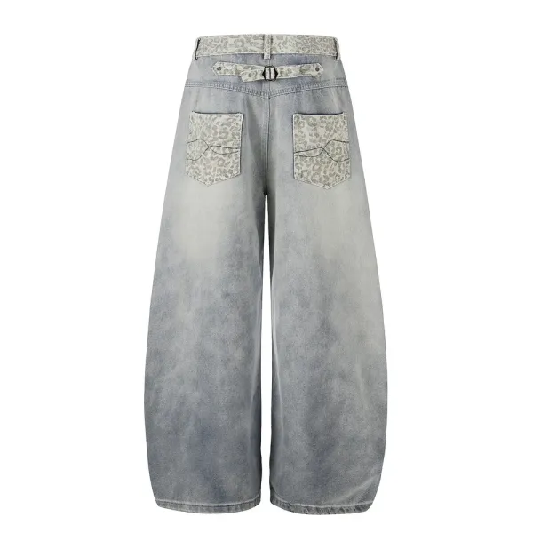 Design Wide-Leg Distressed Denim Jeans with Leopard Print Pockets - 7
