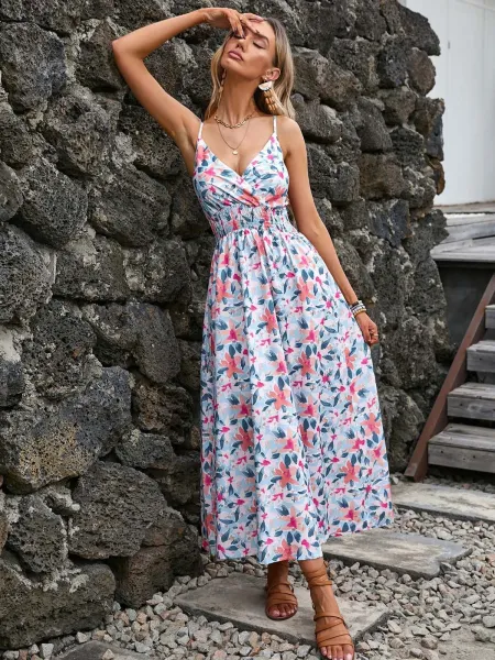 Design Tropical Leaf Print Wrap Midi Dress - 46