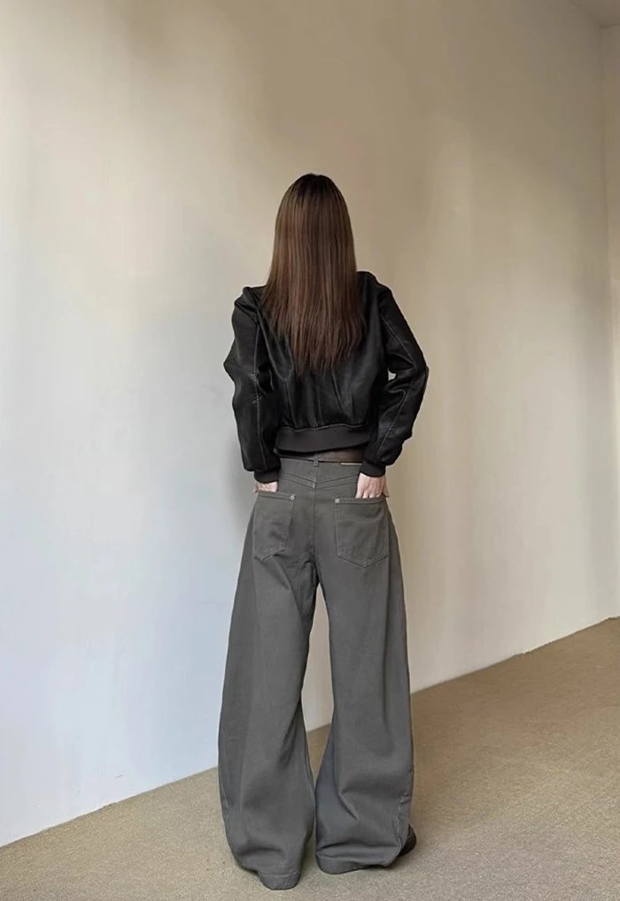Design Cropped Leather Jacket Black + Wide-Leg Cargo Pants Olive Green + Chunky Loafers Brown - 5
