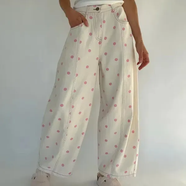 Design Polka Dot Wide-Leg Pants White Pink - 3