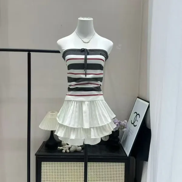 Design Striped Knit Tube Top with Tiered Pleated Skirt Set White / Gray / Red Sets - 1