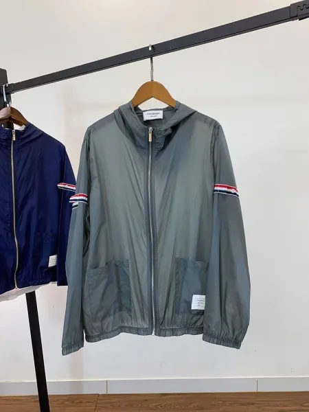 Thom Browne Windbreaker Navy Blue with Red-White-Blue Stripe Sleeve Detail Outerwear - 8
