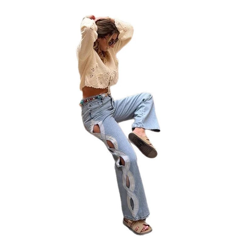 Crochet Knit Crop Top Light Blue Cutout Flare Jeans Beige Casual Outfit