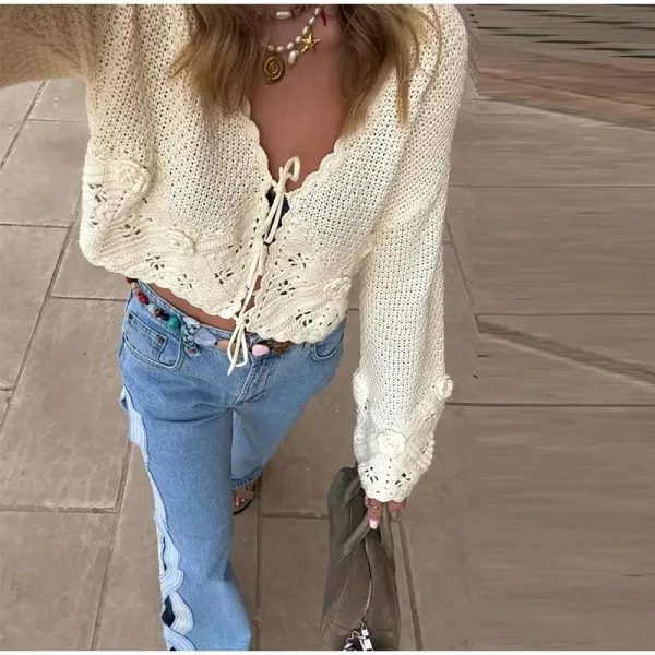 Design Crochet Knit Crop Top Beige + Cut-Out Wide-Leg Jeans Light Blue Sandals - 6