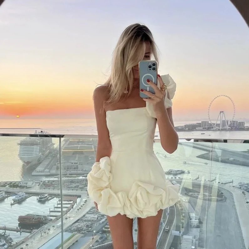 Ruffled Strapless Mini Dress in Cream