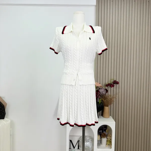 Chanel Knit Polo Set Beige Cable-Knit Two-Piece Skirt Set - 11