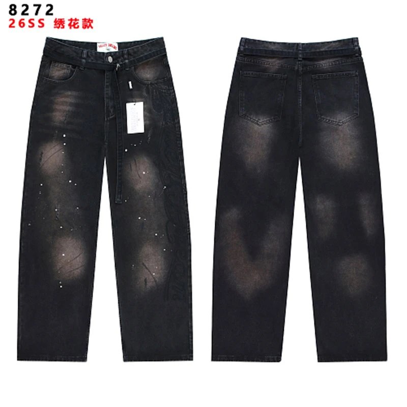 Design Embroidered Distressed Black Wide-Leg Jeans