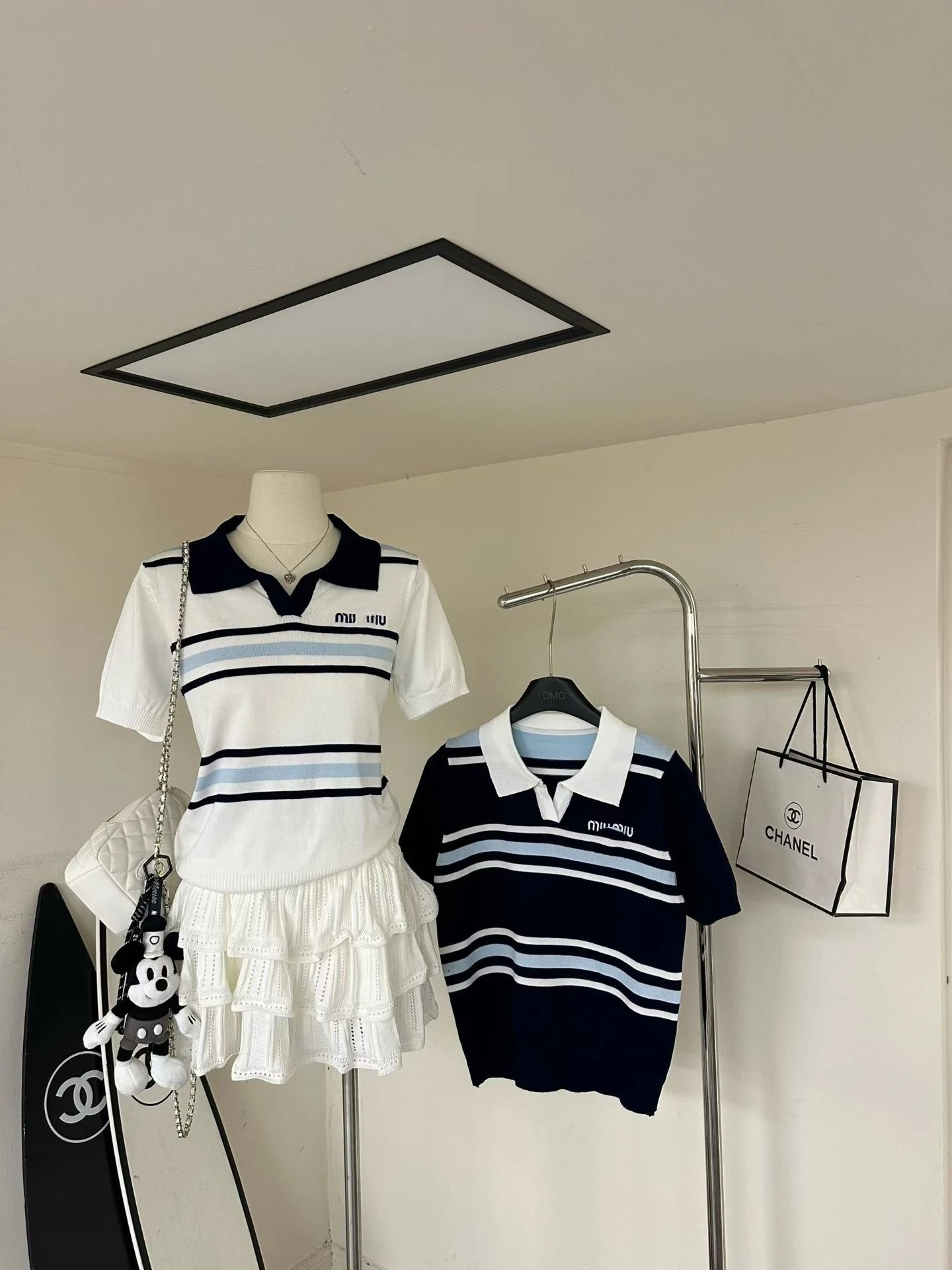 Miu Miu Striped Knit Polo Navy Blue Polo Shirt - 7