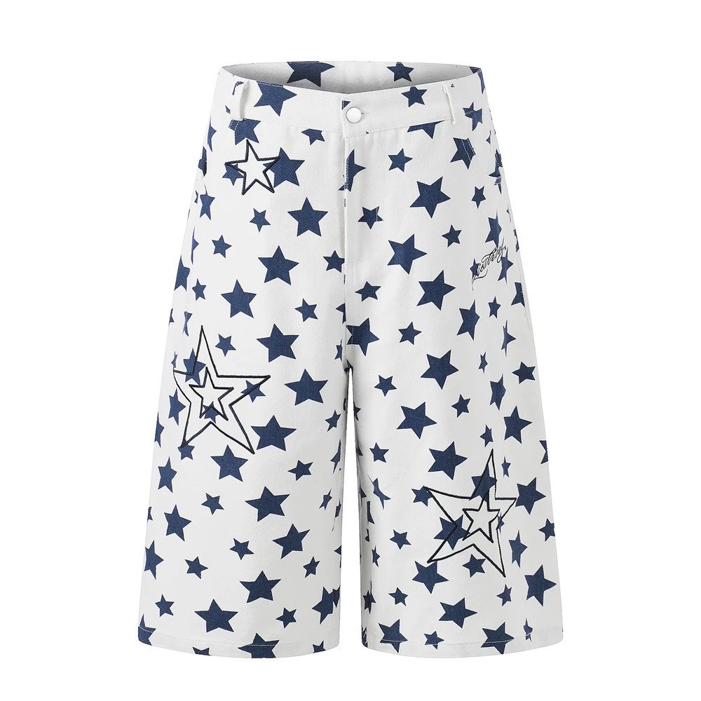 Design Star Print Denim Shorts White