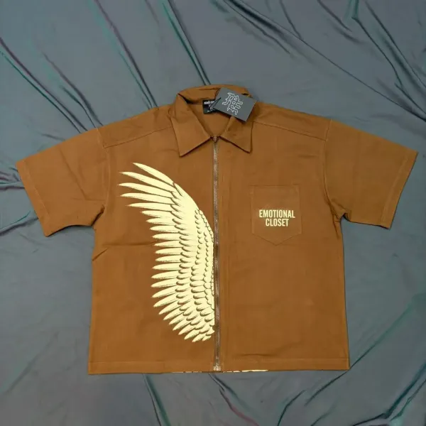 Design Emotional Closet Wing Print Zip-Up Shirt Brown Shirt - 1