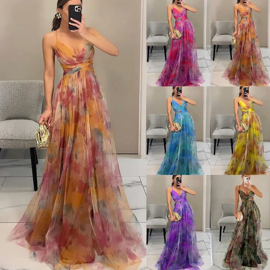 Design Floral Print V-Neck Maxi Dress Yellow Green Multicolor - 5