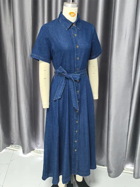 Design Denim Shirt Dress with Belted Waist in Deep Blue Dress - 11