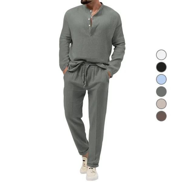 Design Linen-Blend Henley Set Beige Casual Set - 9