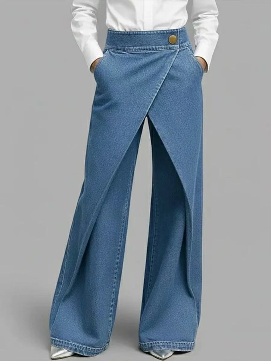Design Wrap-Front Wide-Leg Denim Jeans Blue