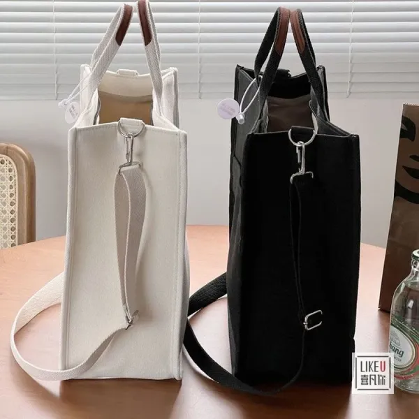 Design Canvas Tote Bag Beige with Brown Straps Handbag - 27