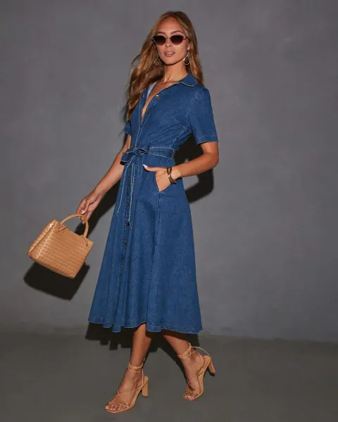 Design Denim Shirt Dress with Belted Waist in Deep Blue Dress - 22