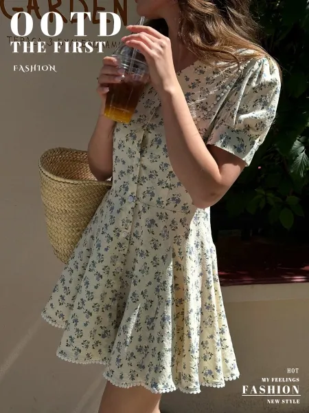 Design Floral Peter Pan Collar Dress with Pompom Trim Beige Blue Casual Dress - 2