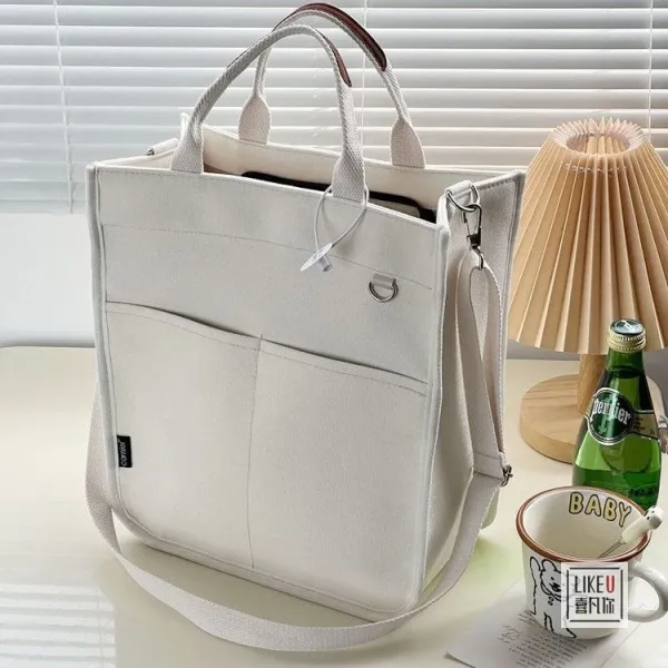 Design Canvas Tote Bag Beige with Brown Straps Handbag - 32