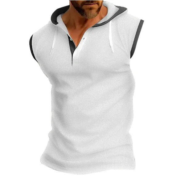 Design Sleeveless Hooded Waffle-Knit Vest Top White - 10