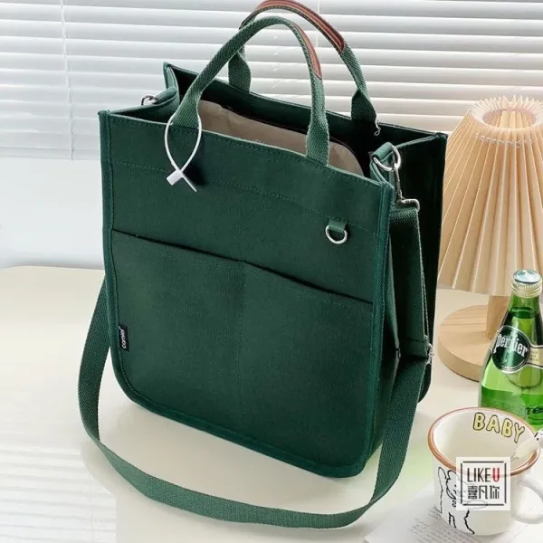 Design Canvas Tote Bag Beige with Brown Straps Handbag - 43