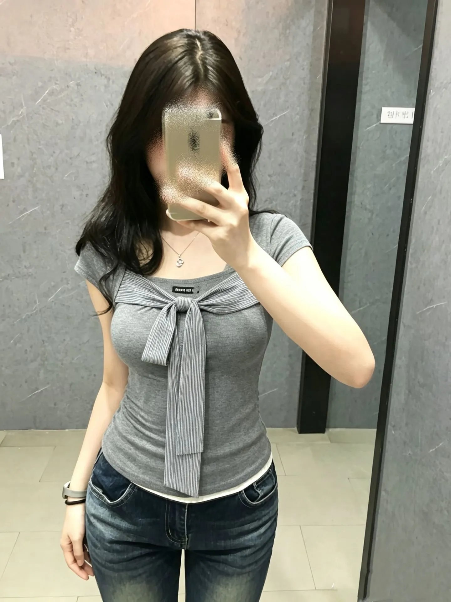 Miu Miu Knit Top with Striped Bow Detail Gray - 7