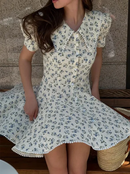 Design Floral Peter Pan Collar Dress with Pompom Trim Beige Blue Casual Dress - 8